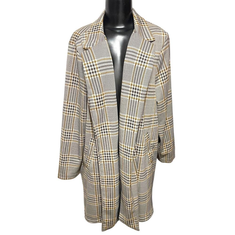 1X Melloday Collared Long Plaid Open Jacket Pockets Womens Retro